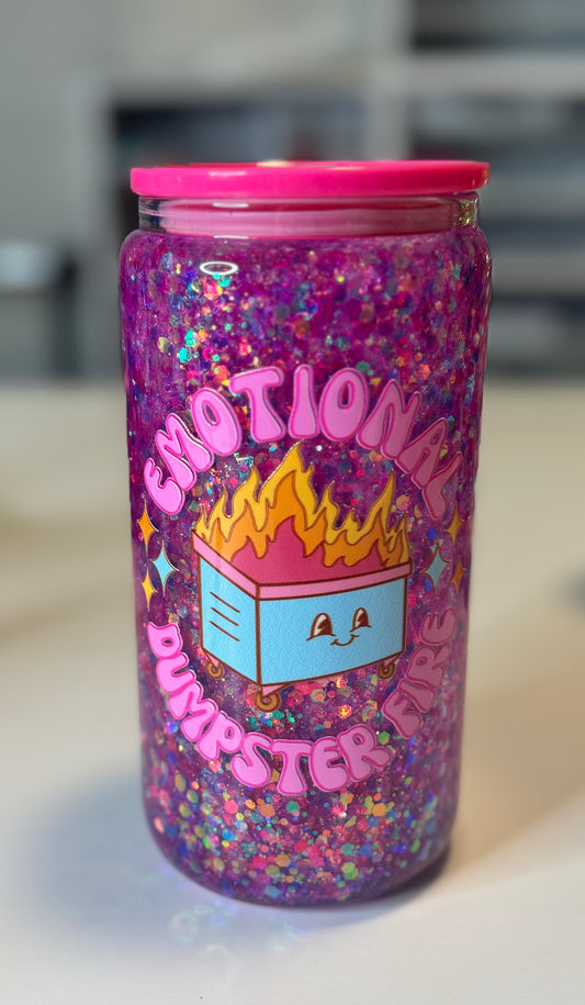 16oz Emotional Dumpster Fire snow globe glass cup