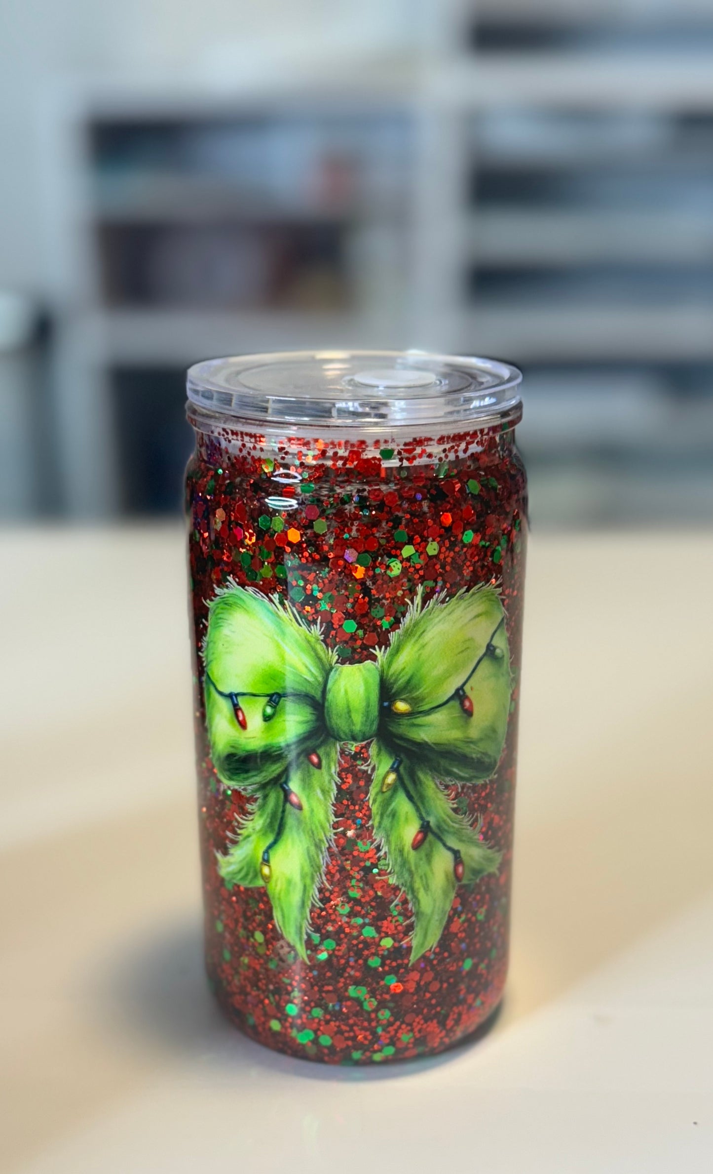 Grinch Bow snow globe cup 16oz acrylic